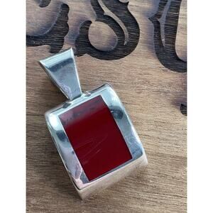 Heavy Sterling Silver Red Stone Pendant 925 Modern Rectangular Statement
